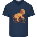 Cycling A Lion Riding a Bicycle Mens V-Neck Cotton T-Shirt Navy Blue