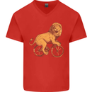 Cycling A Lion Riding a Bicycle Mens V-Neck Cotton T-Shirt Red