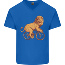 Cycling A Lion Riding a Bicycle Mens V-Neck Cotton T-Shirt Royal Blue