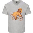Cycling A Lion Riding a Bicycle Mens V-Neck Cotton T-Shirt Sports Grey
