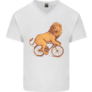 Cycling A Lion Riding a Bicycle Mens V-Neck Cotton T-Shirt White