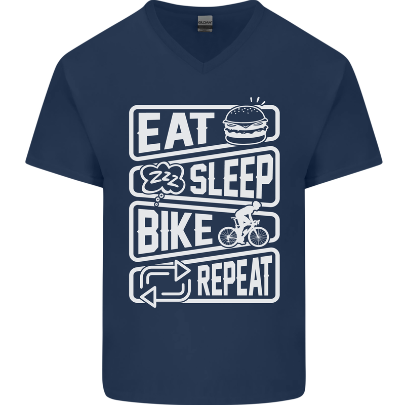 Cycling Eat Sleep Bike Repeat Funny Bicycle Mens V-Neck Cotton T-Shirt Navy Blue