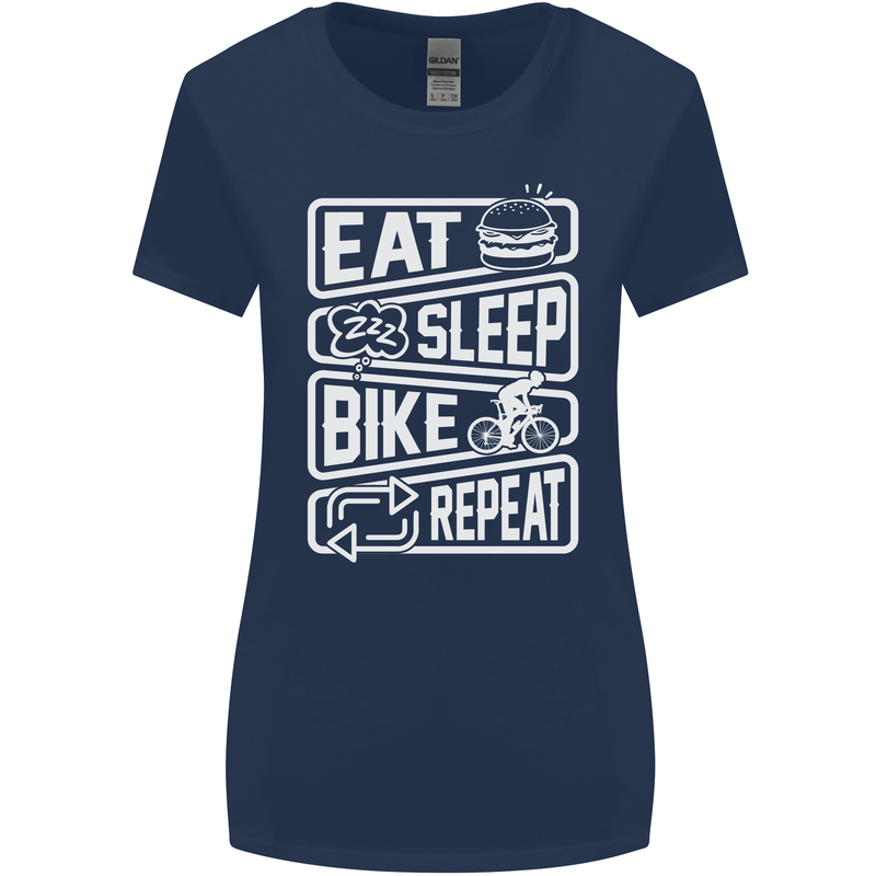Cycling Eat Sleep Bike Repeat Funny Bicycle Womens Wider Cut T-Shirt Navy Blue