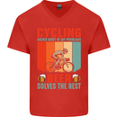 Cycling Funny Beer Cyclist Bicycle MTB Bike Mens V-Neck Cotton T-Shirt Red