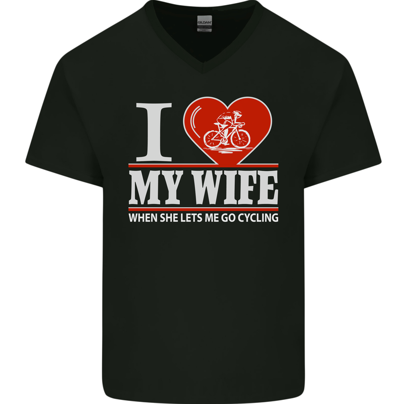 Cycling I Love My Wife Cyclist Funny Mens V-Neck Cotton T-Shirt Black