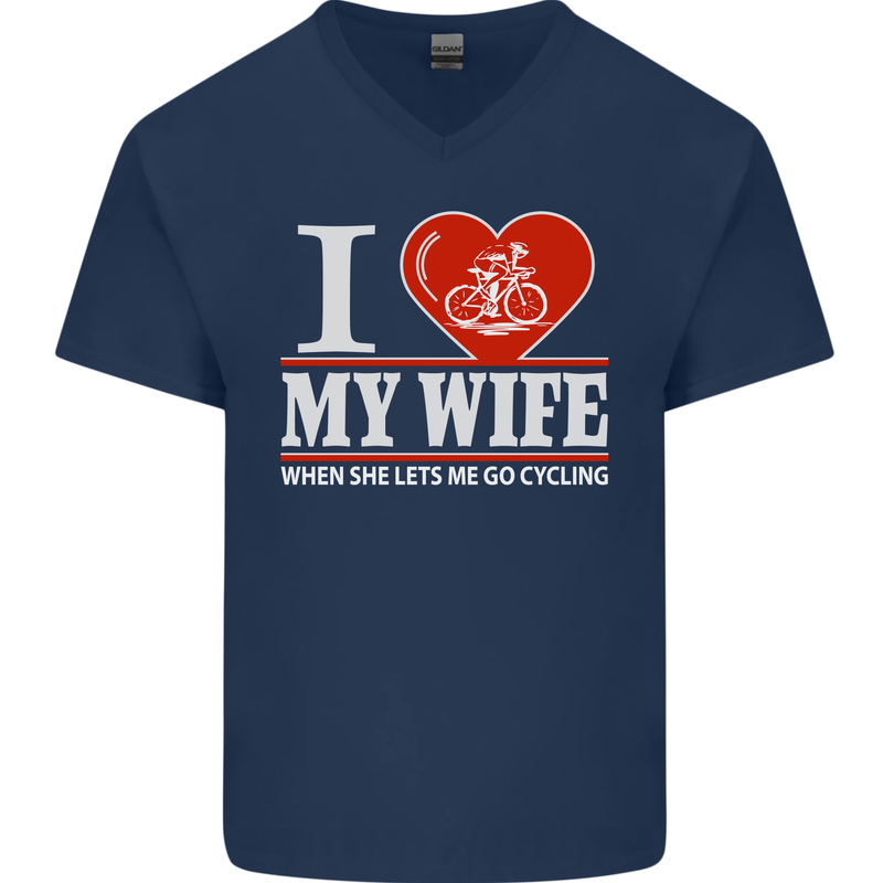 Cycling I Love My Wife Cyclist Funny Mens V-Neck Cotton T-Shirt Navy Blue
