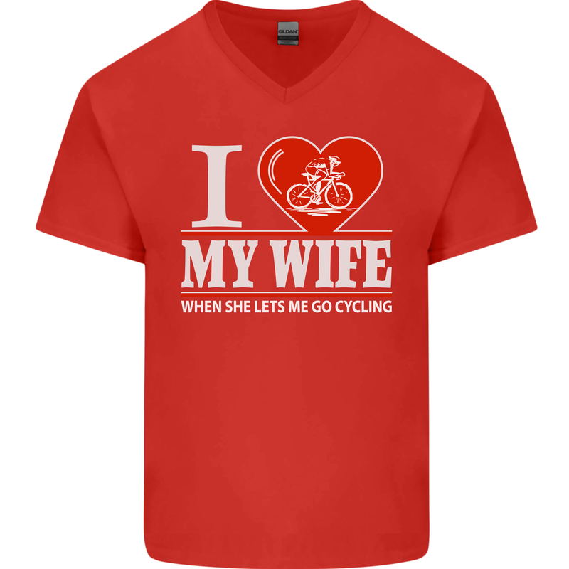 Cycling I Love My Wife Cyclist Funny Mens V-Neck Cotton T-Shirt Red