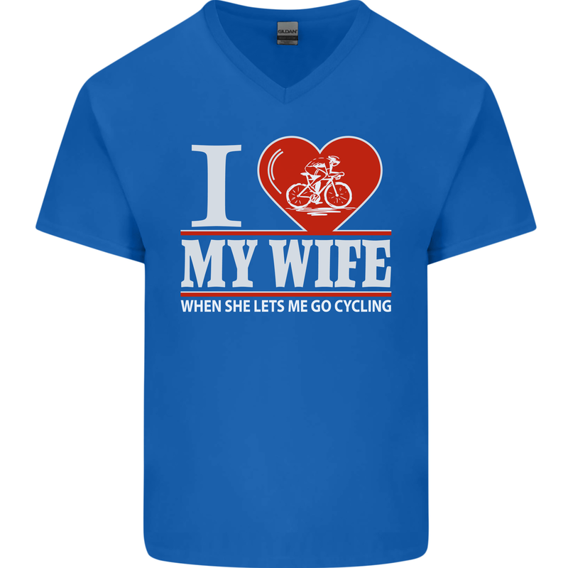 Cycling I Love My Wife Cyclist Funny Mens V-Neck Cotton T-Shirt Royal Blue
