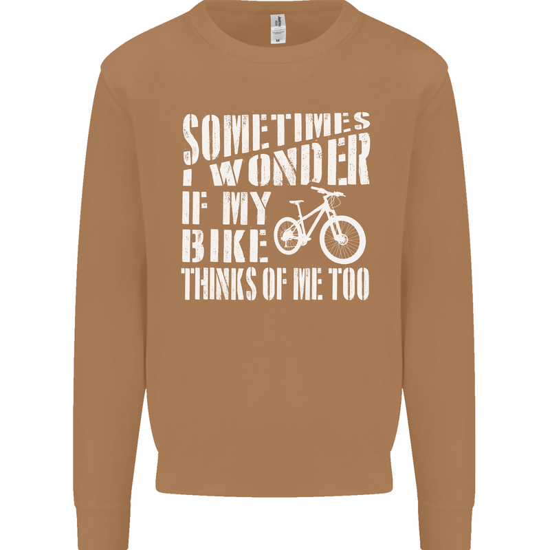 Cycling I Wonder If My Bike Bicycle Cyclist Mens Sweatshirt Jumper Caramel Latte