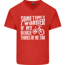 Cycling I Wonder If My Bike Bicycle Cyclist Mens V-Neck Cotton T-Shirt Red