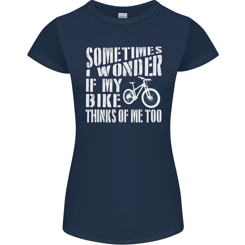 Cycling I Wonder If My Bike Bicycle Cyclist Womens Petite Cut T-Shirt Navy Blue
