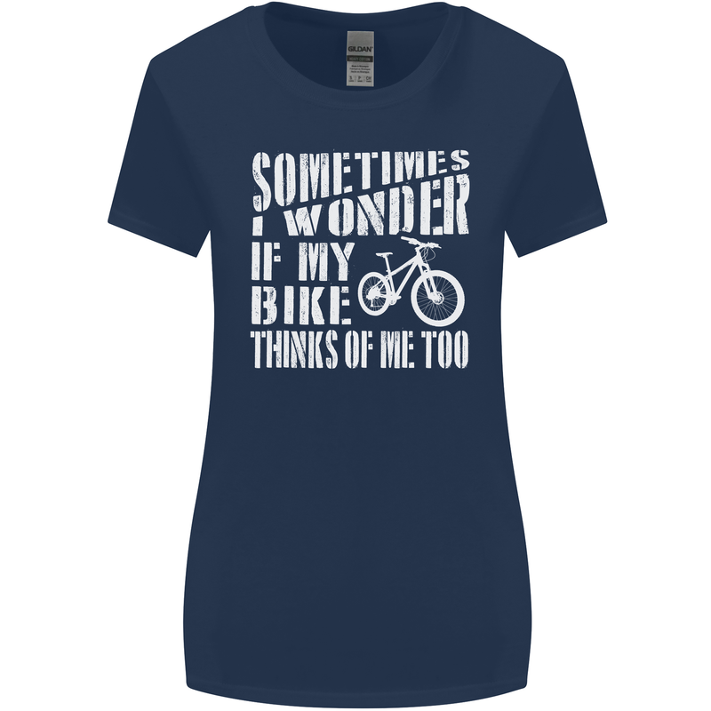 Cycling I Wonder If My Bike Bicycle Cyclist Womens Wider Cut T-Shirt Navy Blue