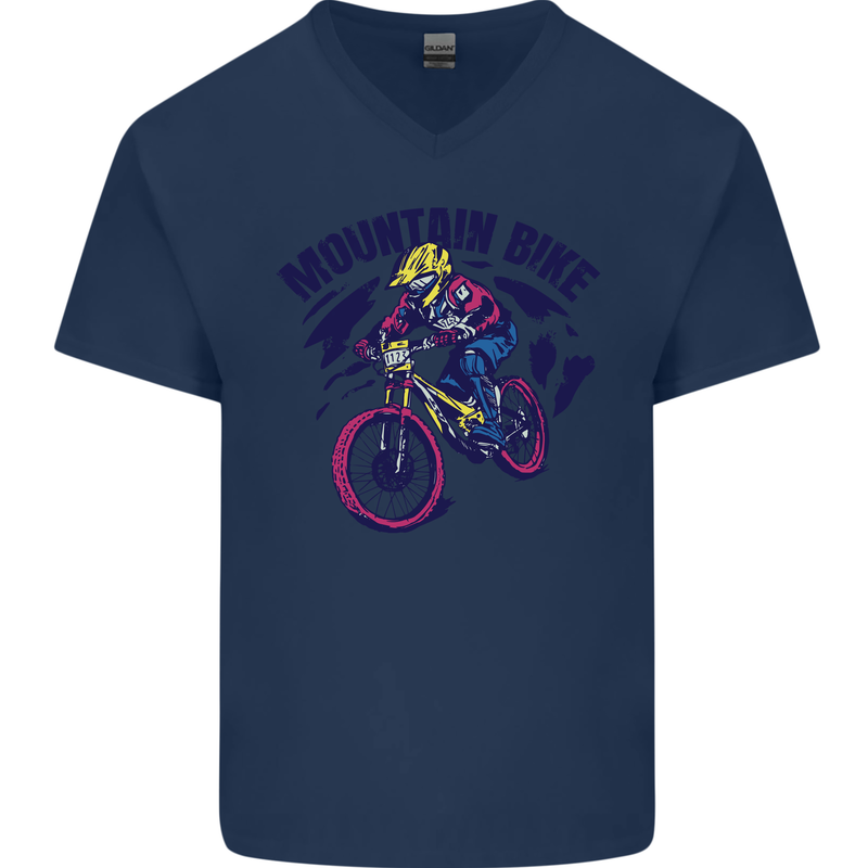 Cycling Mountain Bike Bicycle Cyclist MTB Mens V-Neck Cotton T-Shirt Navy Blue
