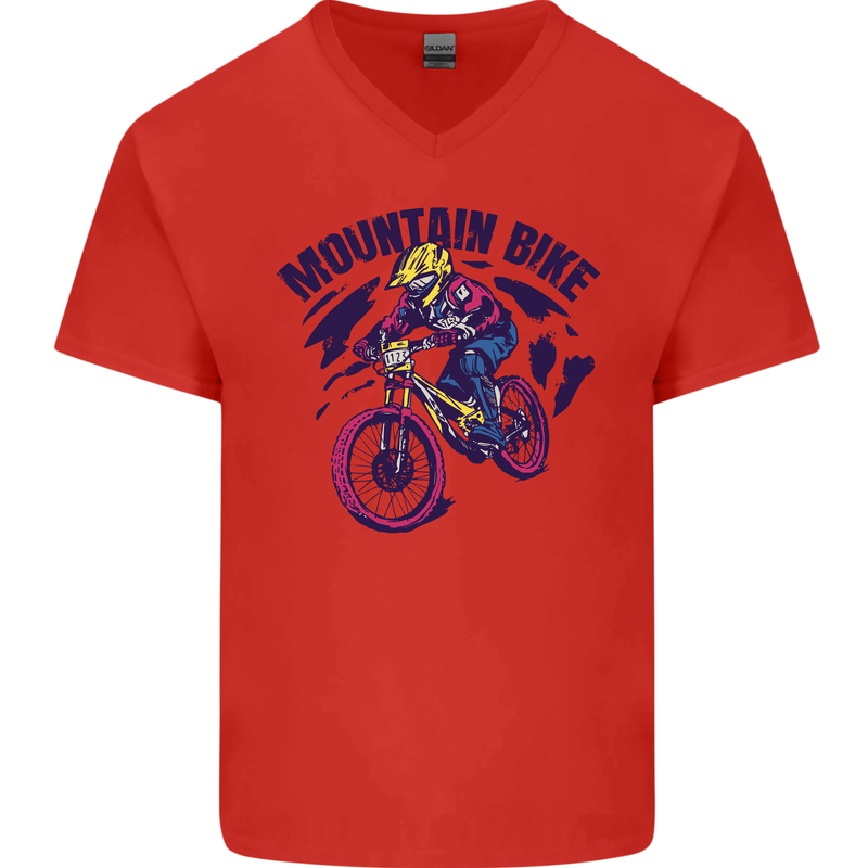 Cycling Mountain Bike Bicycle Cyclist MTB Mens V-Neck Cotton T-Shirt Red