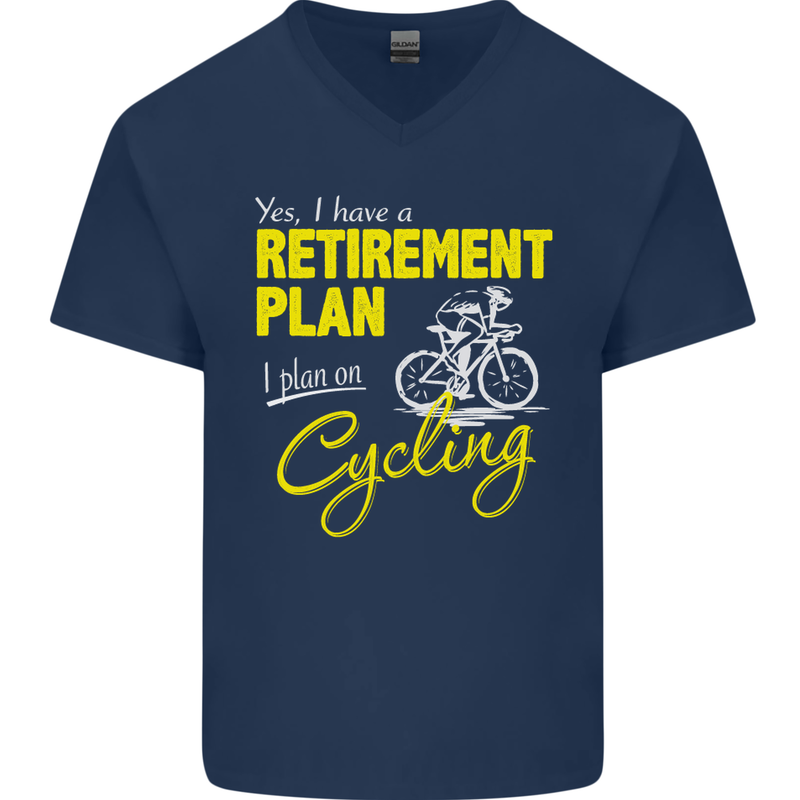 Cycling Retirement Plan Cyclist Funny Mens V-Neck Cotton T-Shirt Navy Blue
