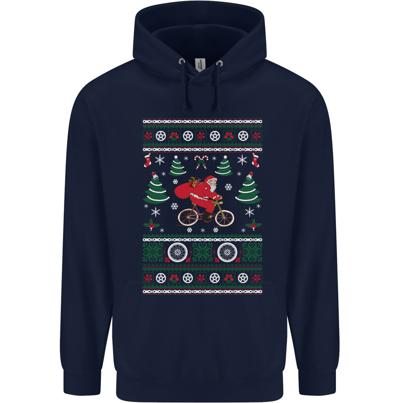 Cycling Santa Claus Christmas Cyclist Mens 80% Cotton Hoodie Navy Blue