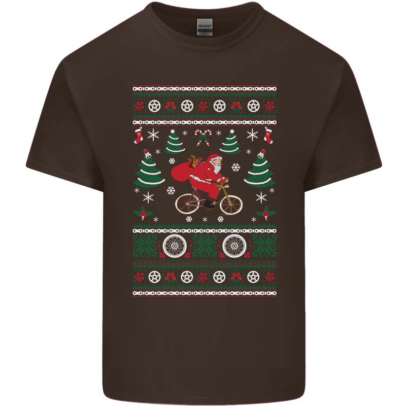 Cycling Santa Claus Christmas Cyclist Mens Cotton T-Shirt Tee Top Dark Chocolate