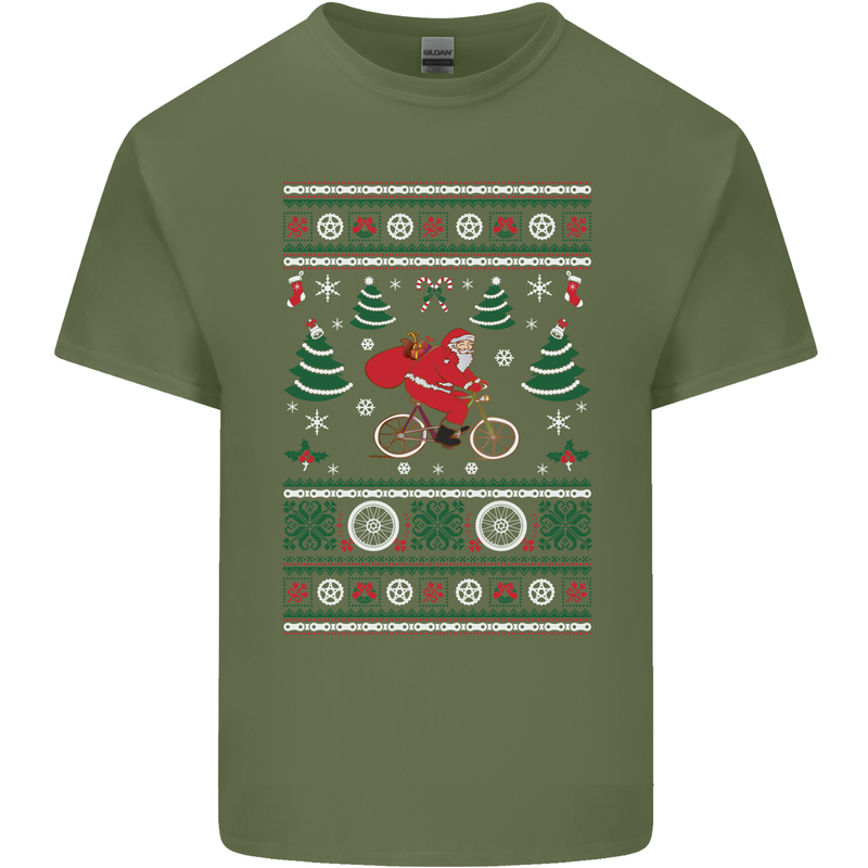 Cycling Santa Claus Christmas Cyclist Mens Cotton T-Shirt Tee Top Military Green