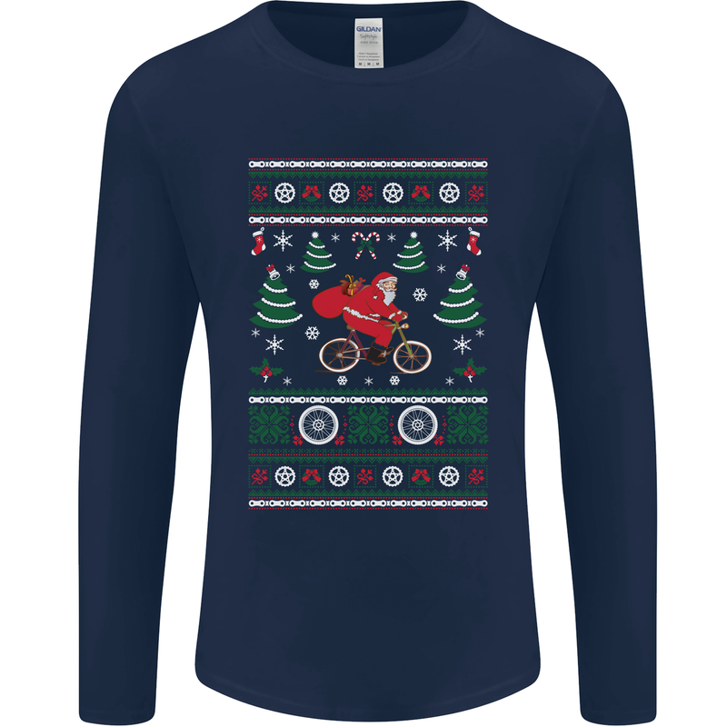 Cycling Santa Claus Christmas Cyclist Mens Long Sleeve T-Shirt Navy Blue