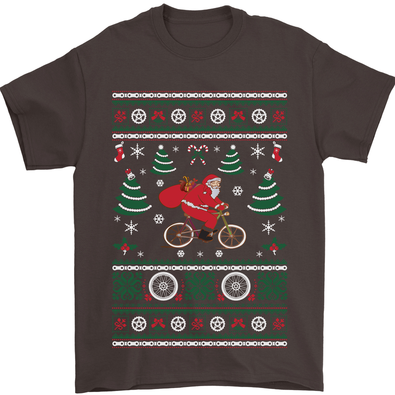 Cycling Santa Claus Christmas Cyclist Mens T-Shirt Cotton Gildan Dark Chocolate