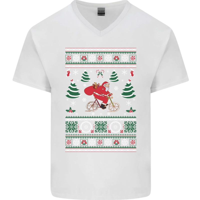 Cycling Santa Claus Christmas Cyclist Mens V-Neck Cotton T-Shirt White