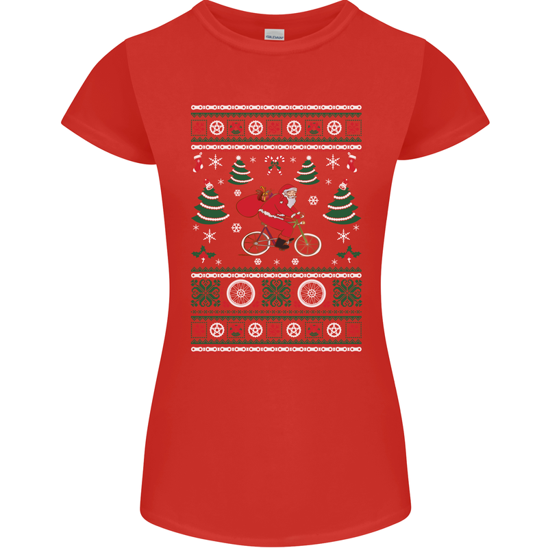 Cycling Santa Claus Christmas Cyclist Womens Petite Cut T-Shirt Red