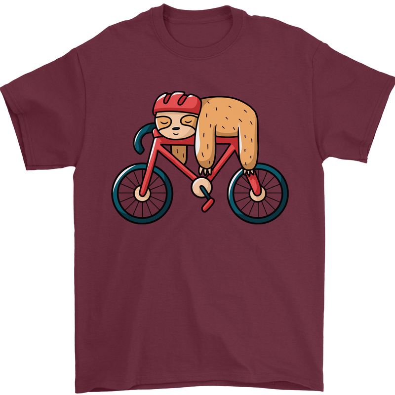Cycling Sleeping Sloth Bicycle Cyclist Mens T-Shirt Cotton Gildan Maroon