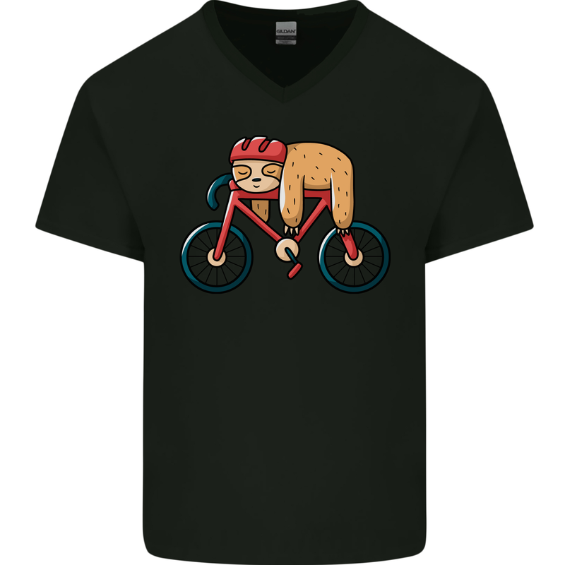 Cycling Sleeping Sloth Bicycle Cyclist Mens V-Neck Cotton T-Shirt Black
