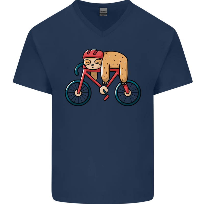 Cycling Sleeping Sloth Bicycle Cyclist Mens V-Neck Cotton T-Shirt Navy Blue