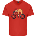 Cycling Sleeping Sloth Bicycle Cyclist Mens V-Neck Cotton T-Shirt Red
