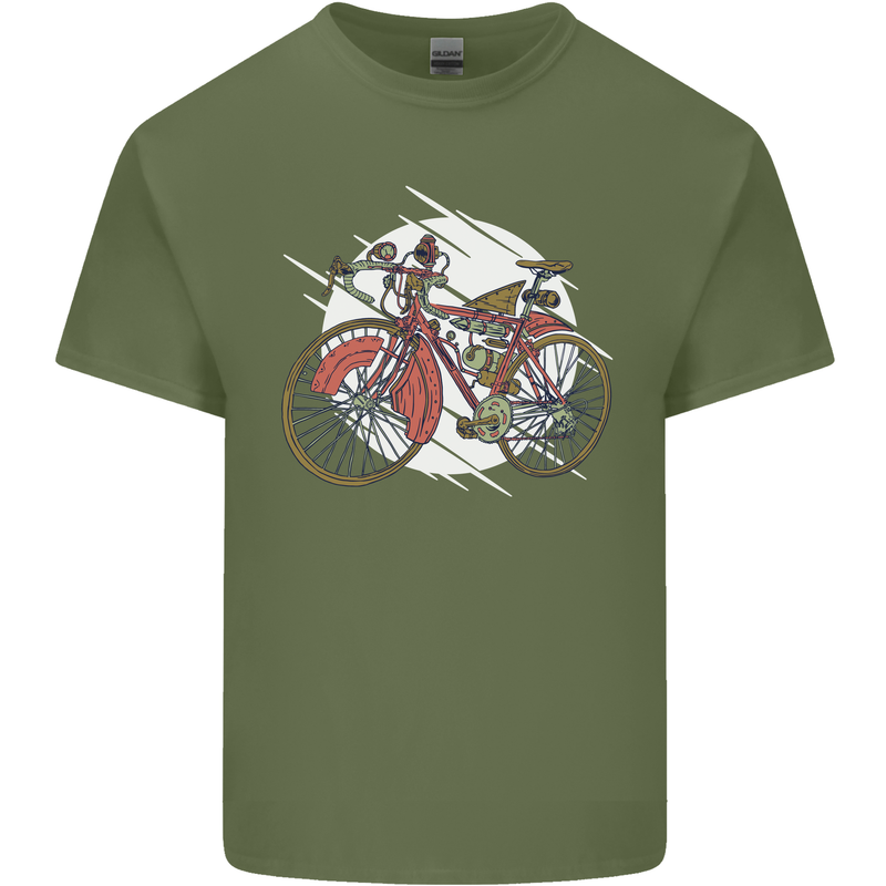 Cycling Steampunk Bicycle Bike Cyclist Mens Cotton T-Shirt Tee Top Military Green
