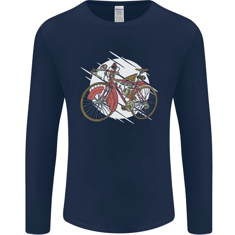 Cycling Steampunk Bicycle Bike Cyclist Mens Long Sleeve T-Shirt Navy Blue