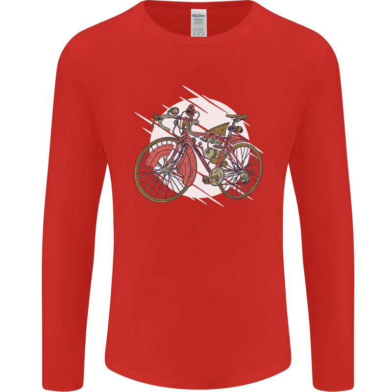Cycling Steampunk Bicycle Bike Cyclist Mens Long Sleeve T-Shirt Red