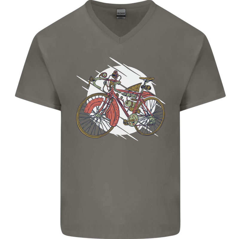 Cycling Steampunk Bicycle Bike Cyclist Mens V-Neck Cotton T-Shirt Charcoal