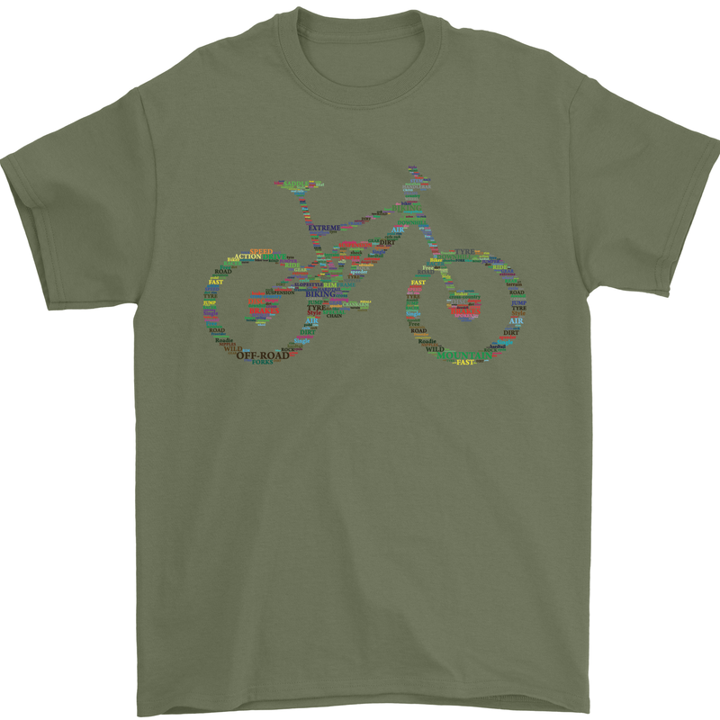 Cycling Word Cloud Cyclist Bicycle Mens T-Shirt Cotton Gildan Military Green