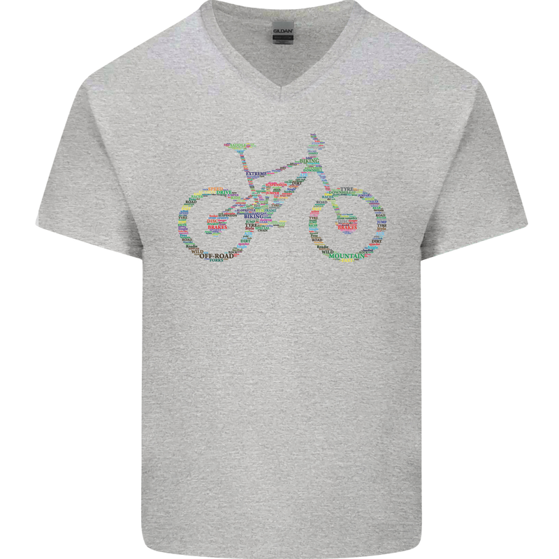 Cycling Word Cloud Cyclist Bicycle Mens V-Neck Cotton T-Shirt Sports Grey