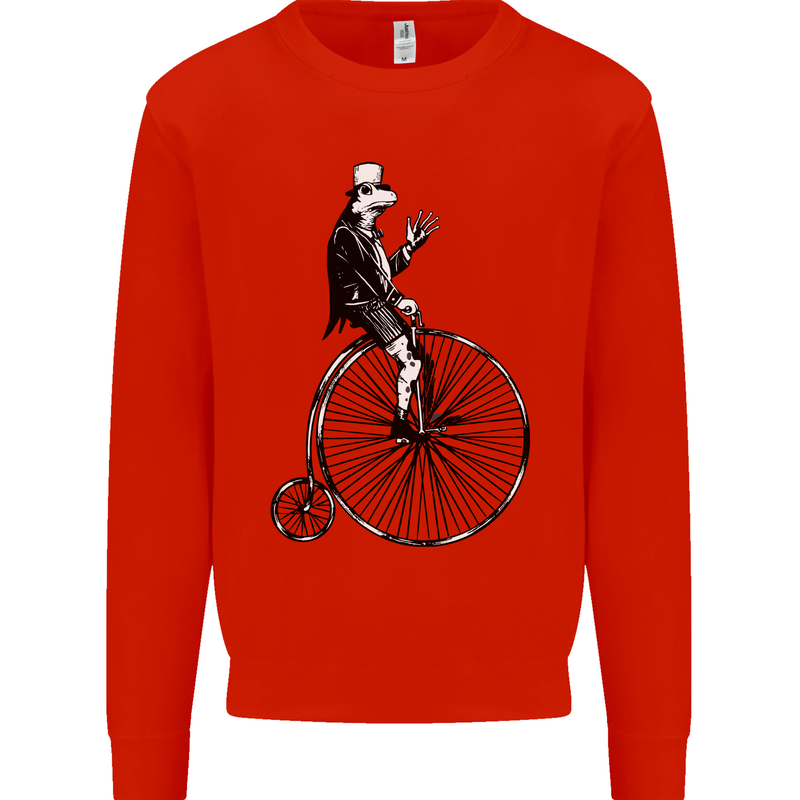 Cycling a Frog Riding a Penny Farthing Kids Sweatshirt Jumper Bright Red
