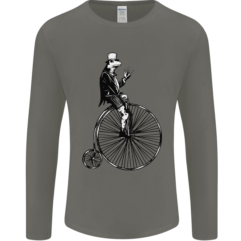 Cycling a Frog Riding a Penny Farthing Mens Long Sleeve T-Shirt Charcoal