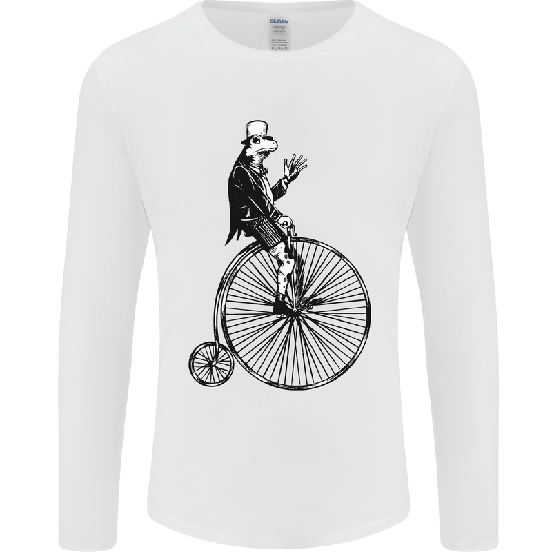 Cycling a Frog Riding a Penny Farthing Mens Long Sleeve T-Shirt White