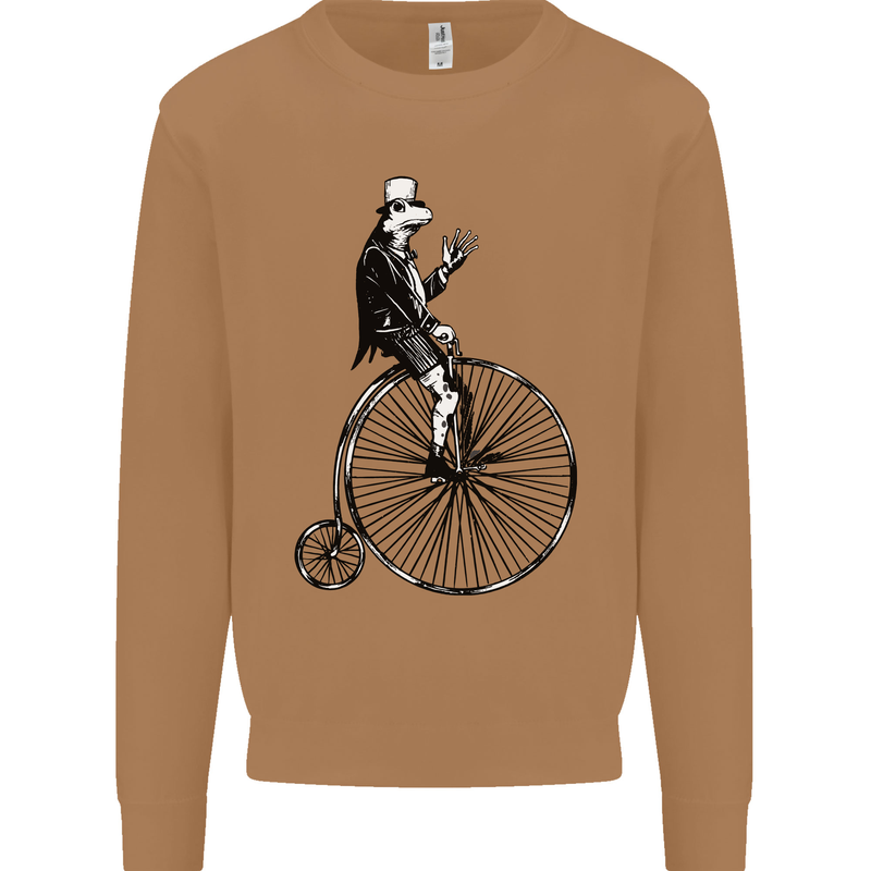 Cycling a Frog Riding a Penny Farthing Mens Sweatshirt Jumper Caramel Latte