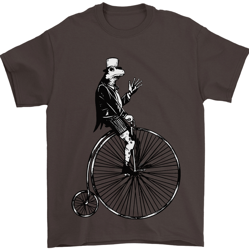 Cycling a Frog Riding a Penny Farthing Mens T-Shirt Cotton Gildan Dark Chocolate