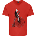 Cycling a Frog Riding a Penny Farthing Mens V-Neck Cotton T-Shirt Red