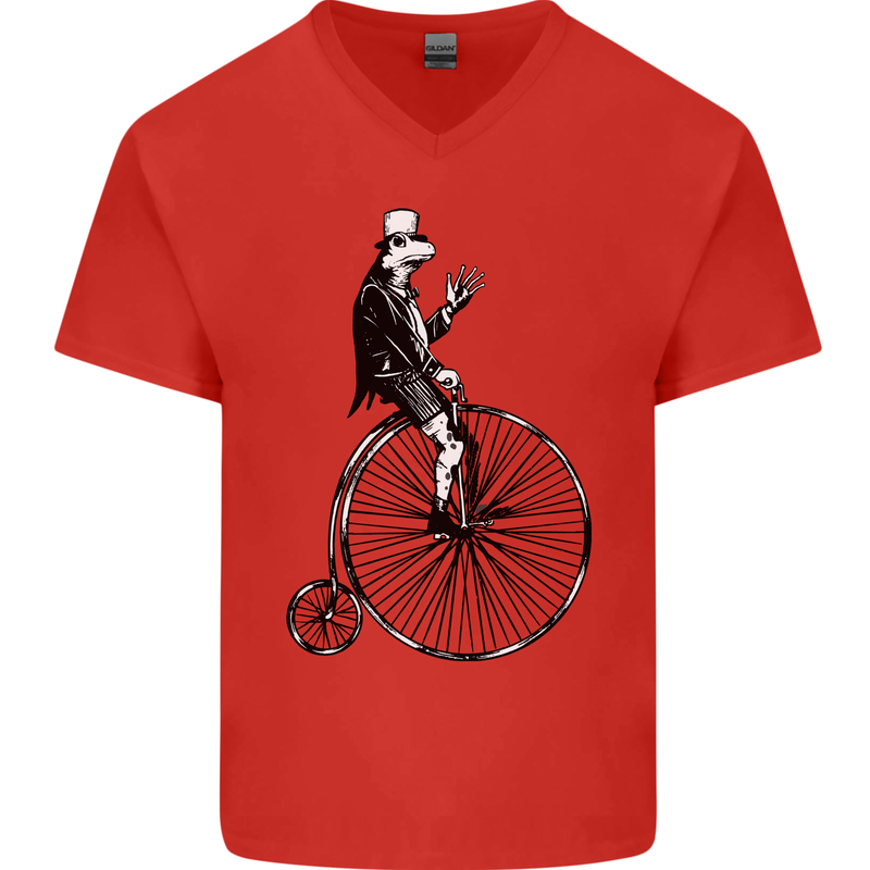 Cycling a Frog Riding a Penny Farthing Mens V-Neck Cotton T-Shirt Red