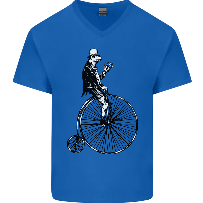 Cycling a Frog Riding a Penny Farthing Mens V-Neck Cotton T-Shirt Royal Blue