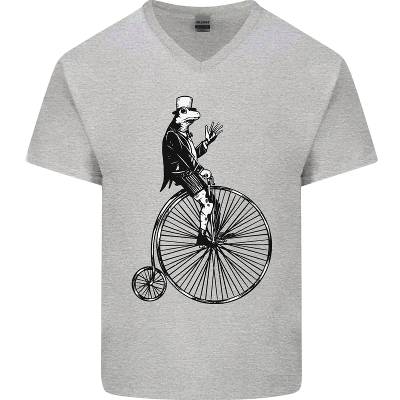 Cycling a Frog Riding a Penny Farthing Mens V-Neck Cotton T-Shirt Sports Grey
