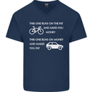 Cycling v's Cars Cyclist Environment Funny Mens V-Neck Cotton T-Shirt Navy Blue