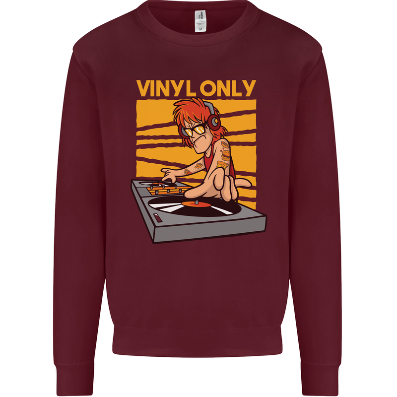 DJ Decks Vinyl Only Funny DJing Turntable Mens Sweatshirt Jumper Maroon