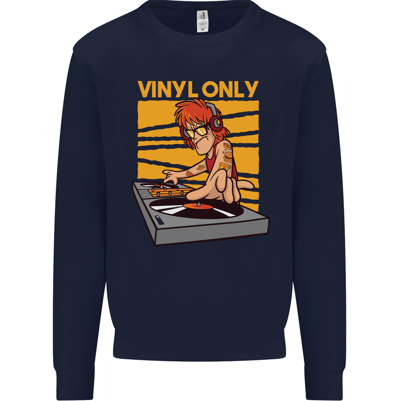 DJ Decks Vinyl Only Funny DJing Turntable Mens Sweatshirt Jumper Navy Blue
