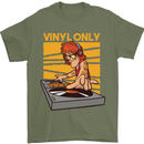 DJ Decks Vinyl Only Funny DJing Turntable Mens T-Shirt Cotton Gildan Military Green