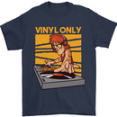 DJ Decks Vinyl Only Funny DJing Turntable Mens T-Shirt Cotton Gildan Navy Blue
